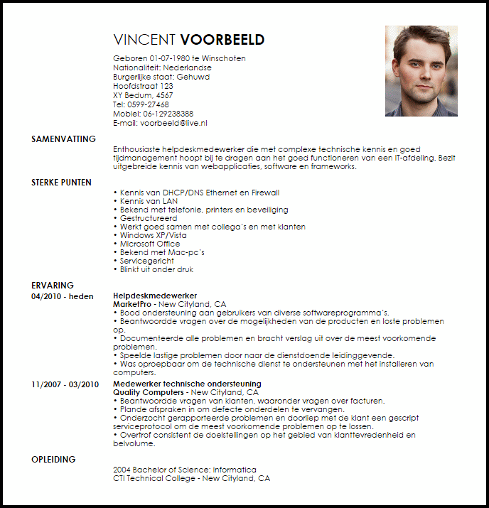 helpdeskmedewerker voorbeeld cv