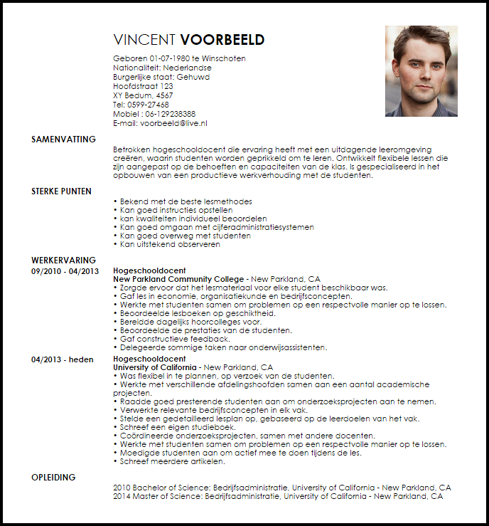 hogeschooldocent voorbeeld cv