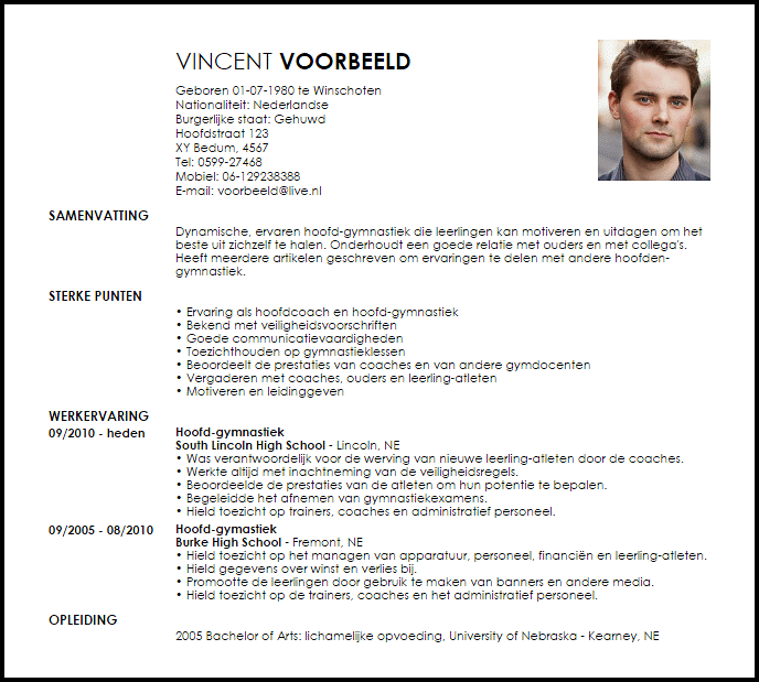 hoofd gymnastiek voorbeeld cv