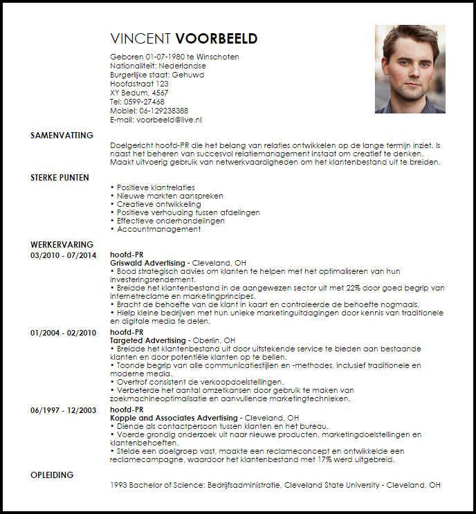 hoofd pr voorbeeld cv