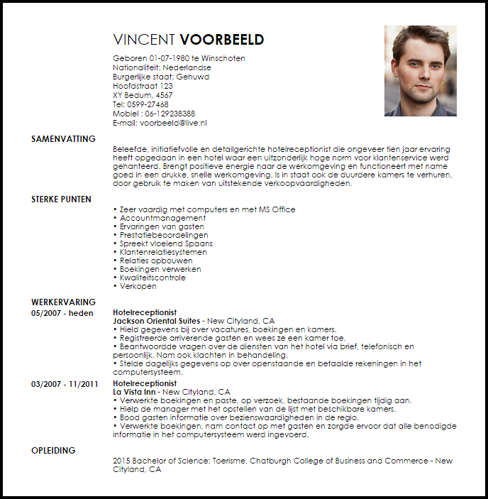 hotelreceptionist voorbeeld cv