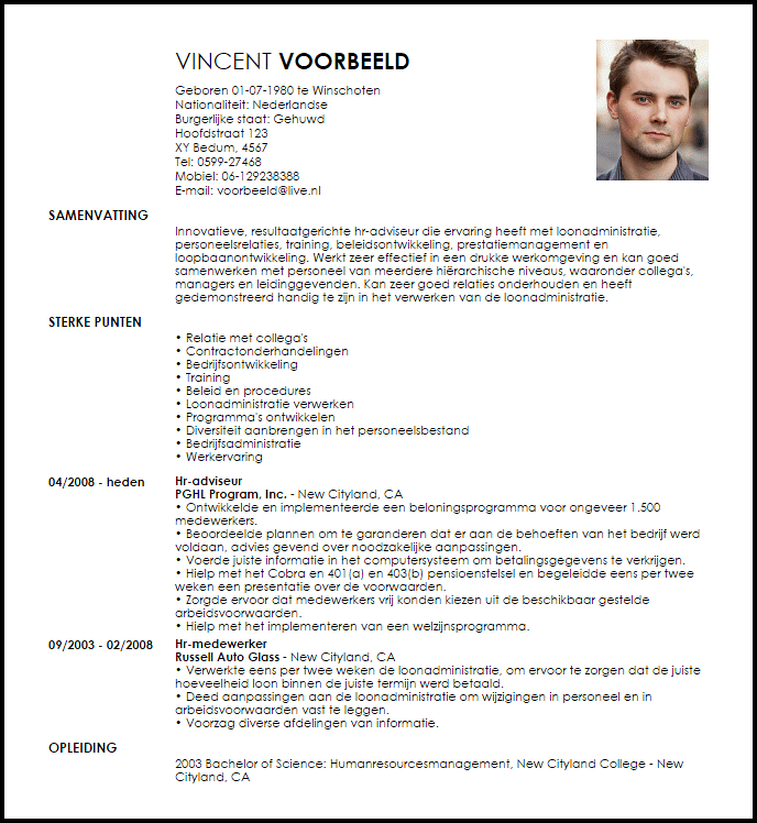 hr adviseur voorbeeld cv