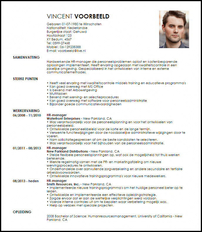 hr manager voorbeeld cv