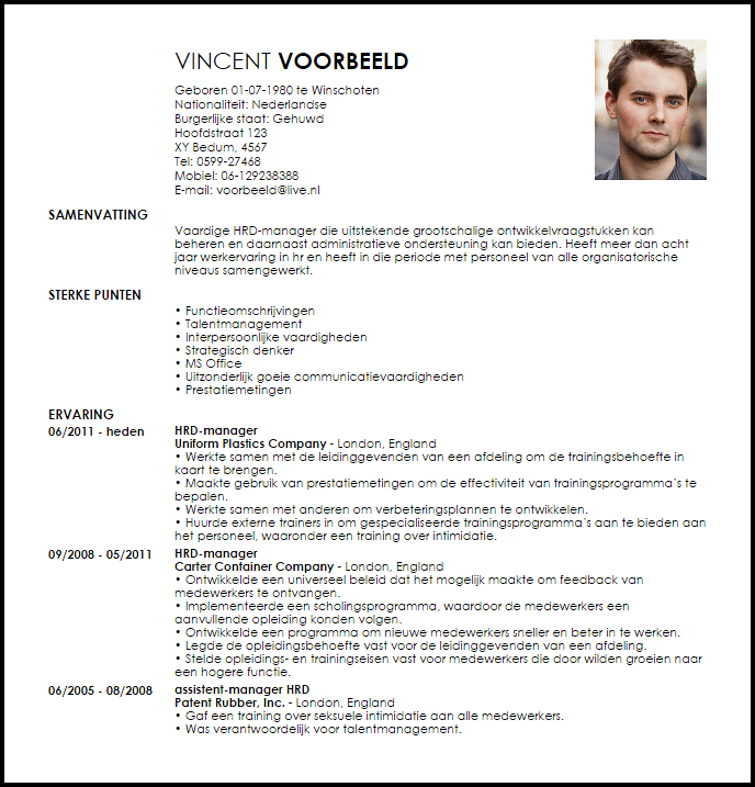 hr training and development voorbeeld cv