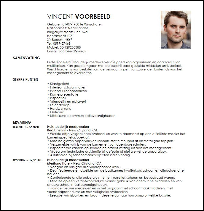 huishoudelijk medewerker voorbeeld cv