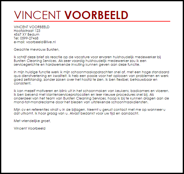 Voorbeeld Sollicitatiebrief Huishoudelijk Medewerker Livecareer