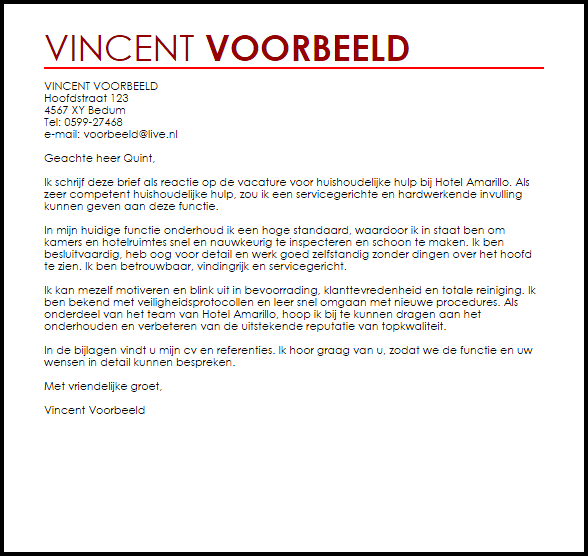 Voorbeeld Sollicitatiebrief Huishoudelijke Hulp Livecareer