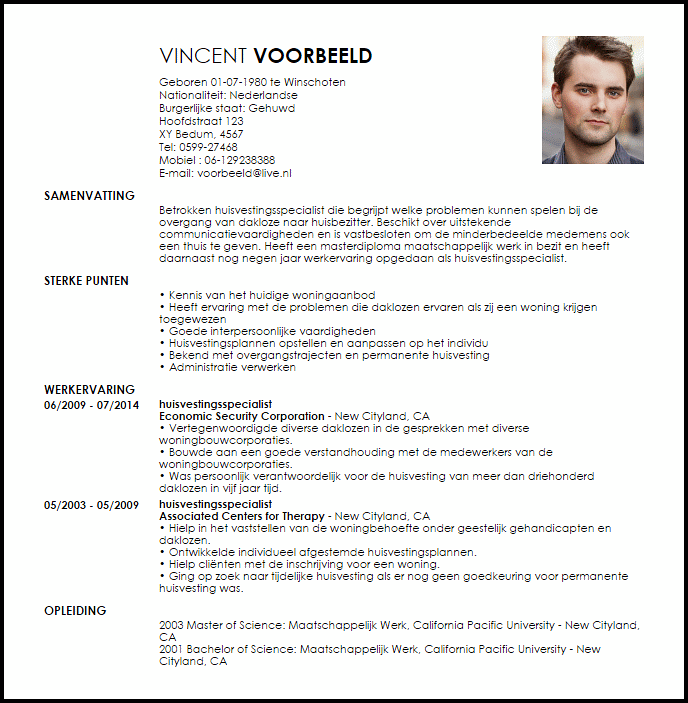 huisvestingsspecialist voorbeeld cv