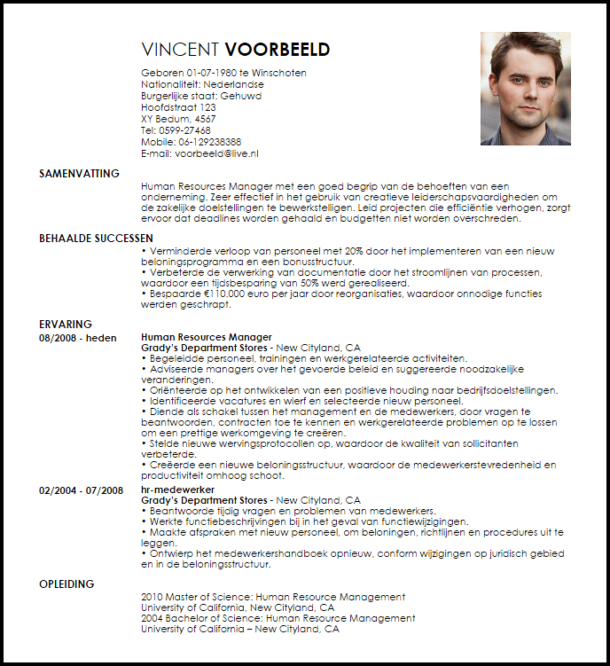 Voorbeeld CV Human Resources Manager | LiveCareer