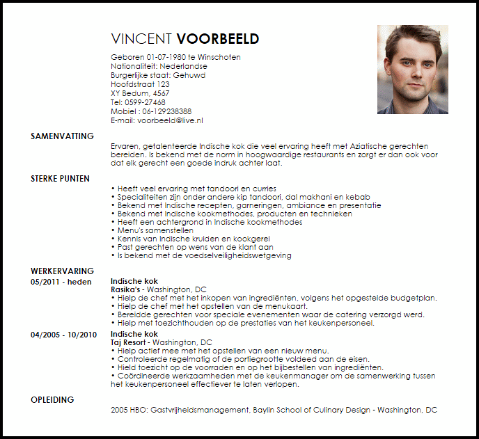 indische kok voorbeeld cv