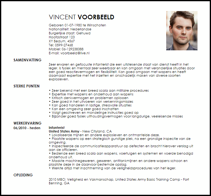 infanterist voorbeeld cv