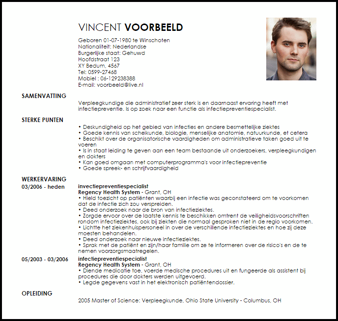 infectiepreventiespecialist voorbeeld cv