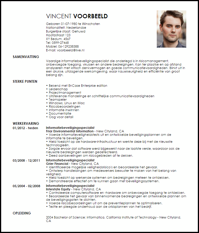 informatiebeveiligingsspecialist voorbeeld cv