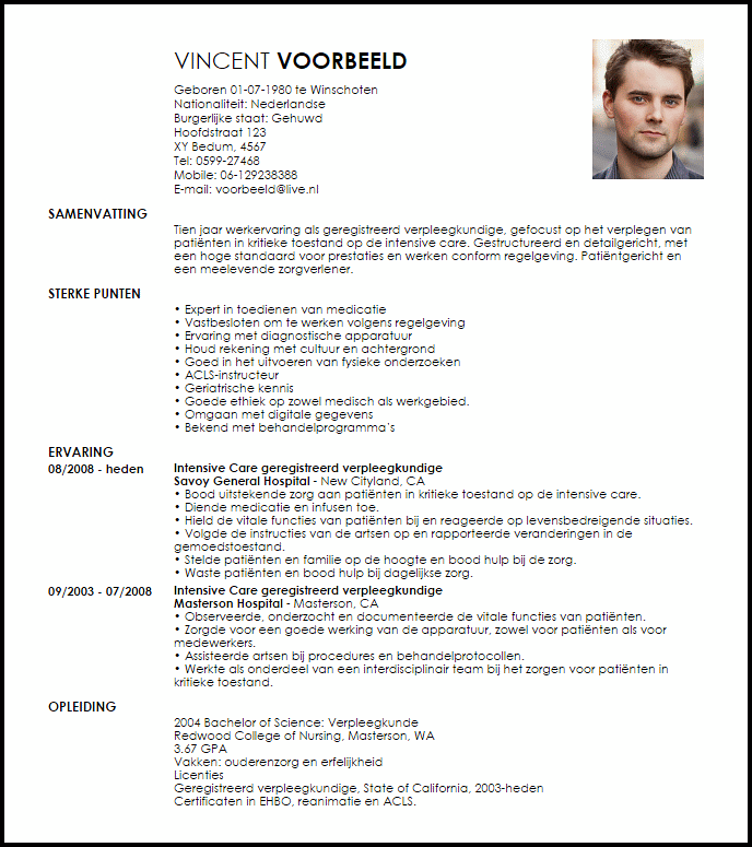 intensive care registered nurse voorbeeld cv