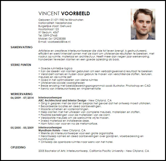 interieurontwerper voorbeeld cv