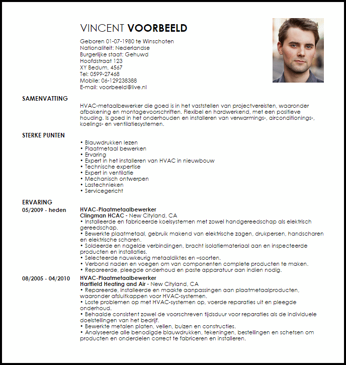 journeyman hvac sheetmetal worker voorbeeld cv