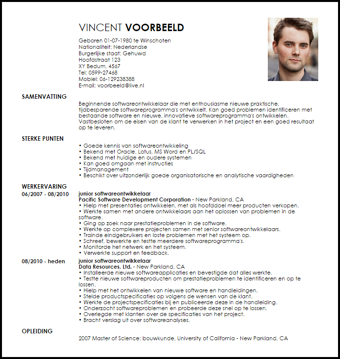 junior softwareontwikkelaar voorbeeld cv