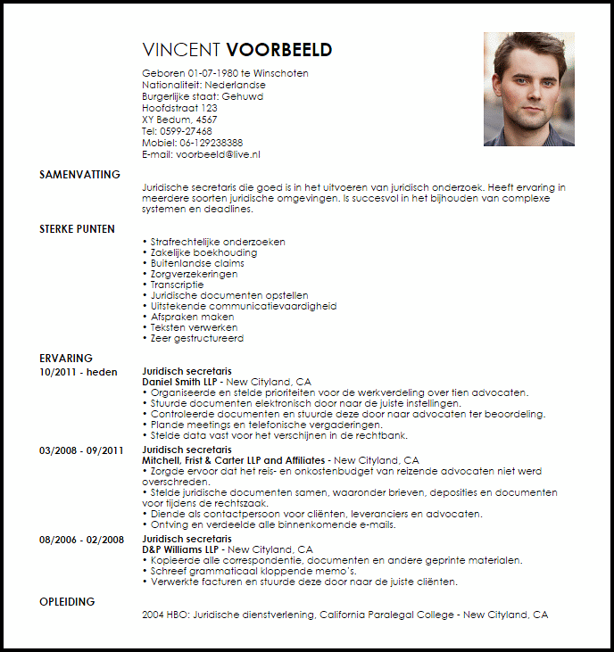 juridisch secretaris voorbeeld cv