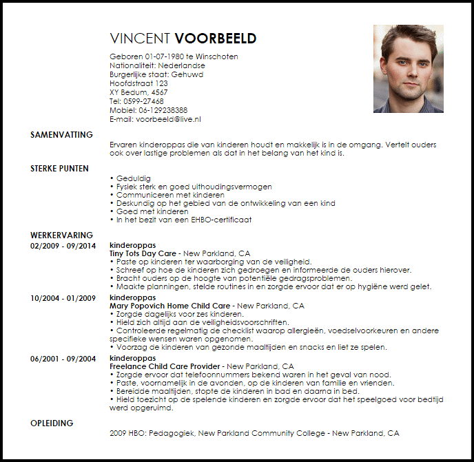 kinderoppas voorbeeld cv