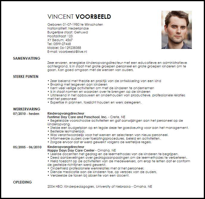 kinderopvangdirecteur voorbeeld cv