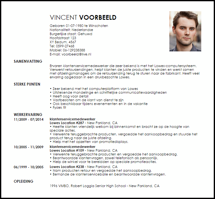 klantenservicemedewerker voorbeeld cv