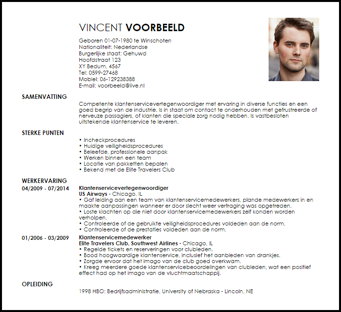 klantenservicevertegenwoordiger voorbeeld cv