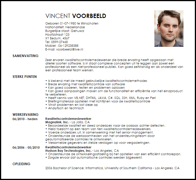 kwaliteitscontrolemedewerker voorbeeld cv