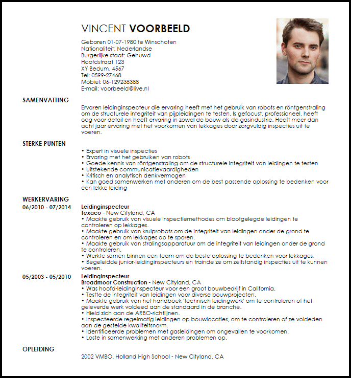 leidinginspecteur voorbeeld cv