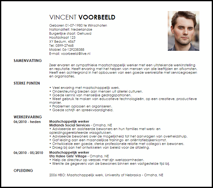 maatschappelijk werker voorbeeld cv