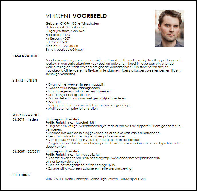 magazijnmedewerker voorbeeld cv