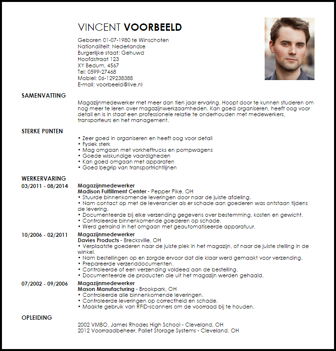 magazijnmedewerker voorbeeld cv