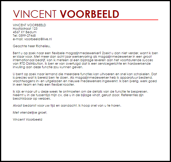 Voorbeeld Sollicitatiebrief Magazijnmedewerker Livecareer