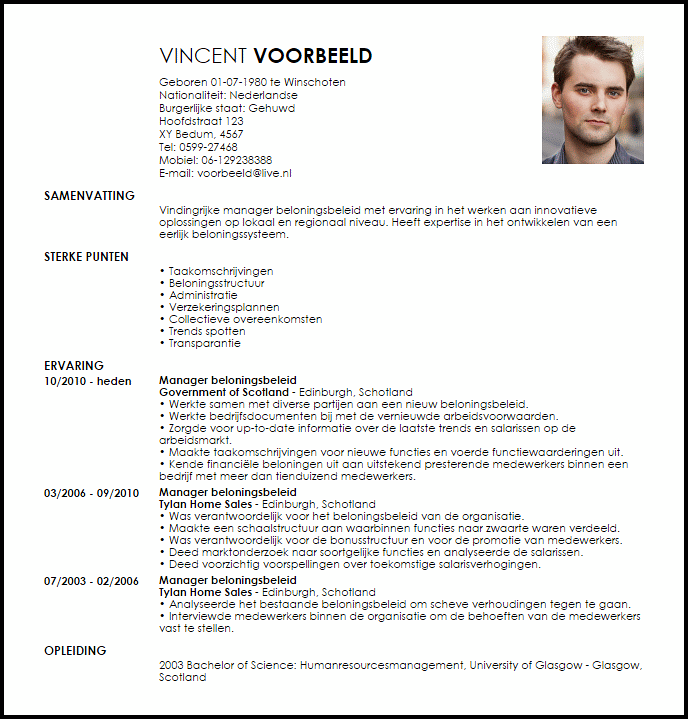 manager beloningsbeleid voorbeeld cv