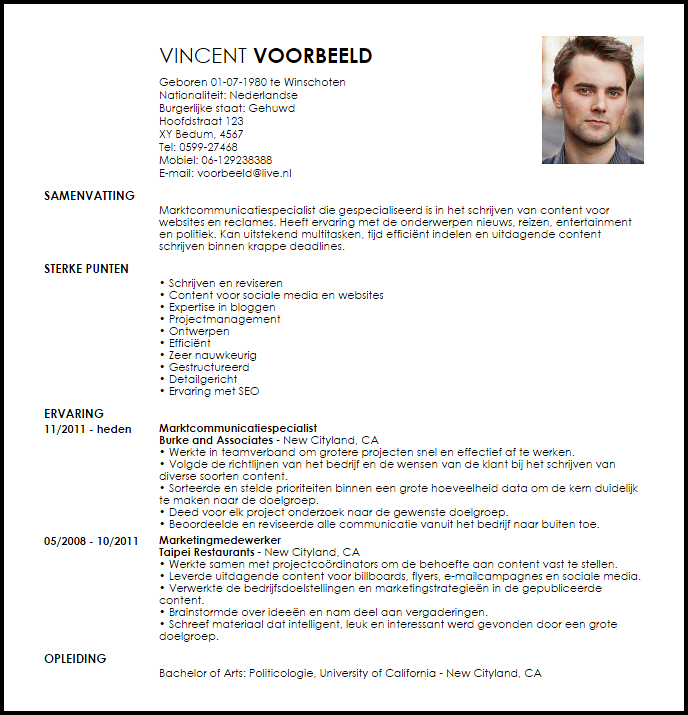 marktcommunicatiespecialist voorbeeld cv