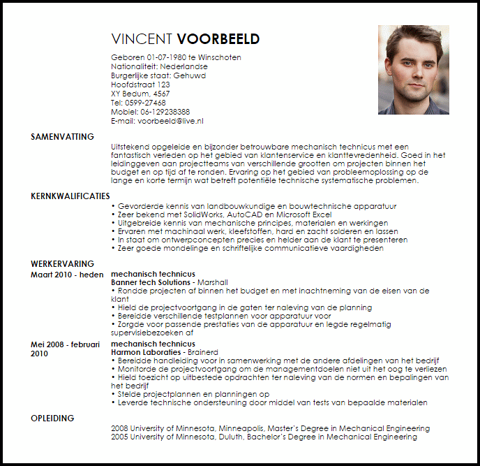 Voorbeeld Cv Mechanisch Technicus Livecareer