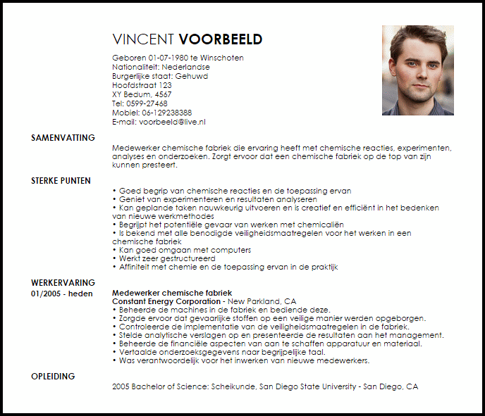 medewerker chemische fabriek voorbeeld cv