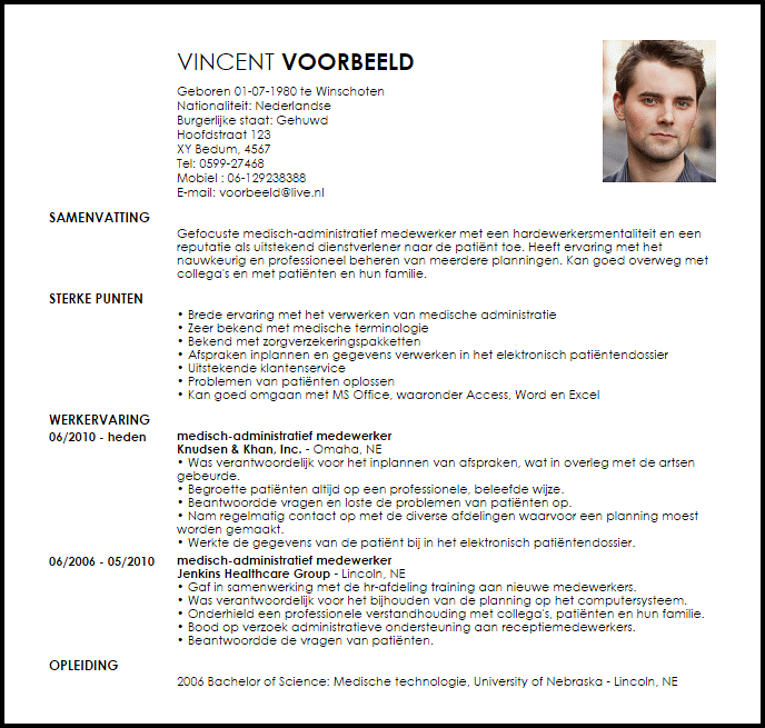 medisch administratief medewerker voorbeeld cv