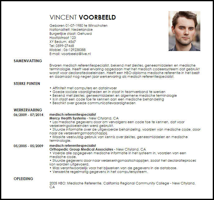 medisch referentiespecialist voorbeeld cv