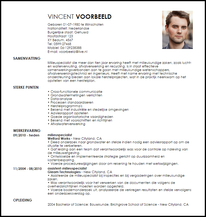 milieuspecialist voorbeeld cv