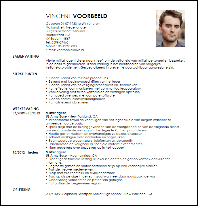 militair agent voorbeeld cv