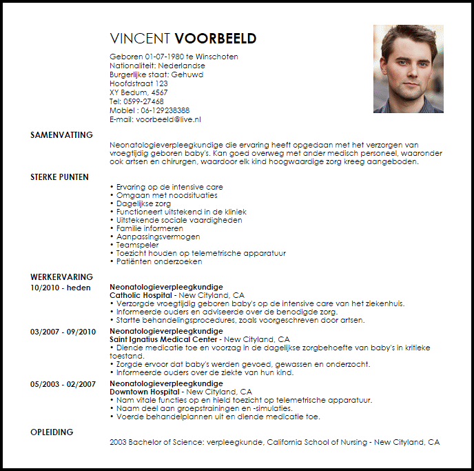 neonatologieverpleegkundige voorbeeld cv