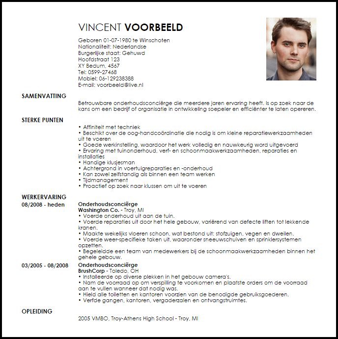 onderhoudsconciërge voorbeeld cv