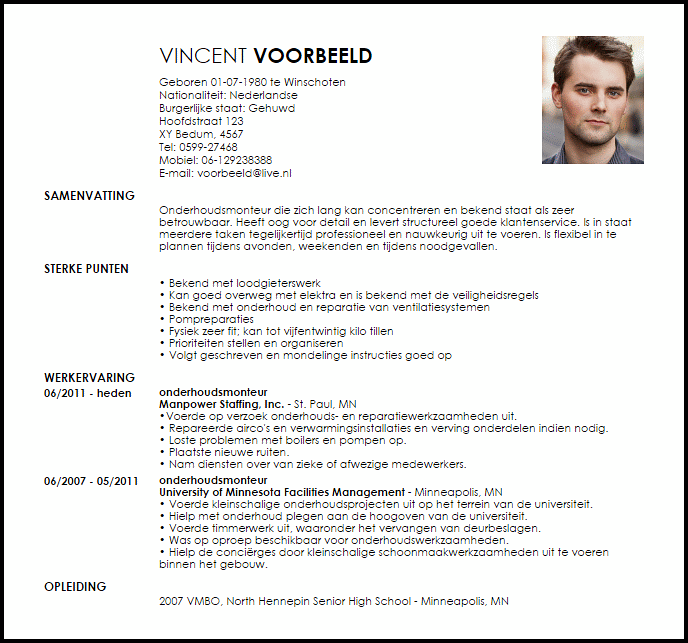 onderhoudsmonteur voorbeeld curriculum