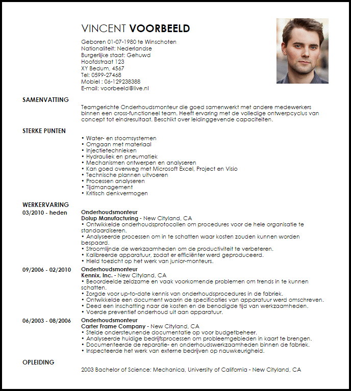 onderhoudsmonteur voorbeeld cv