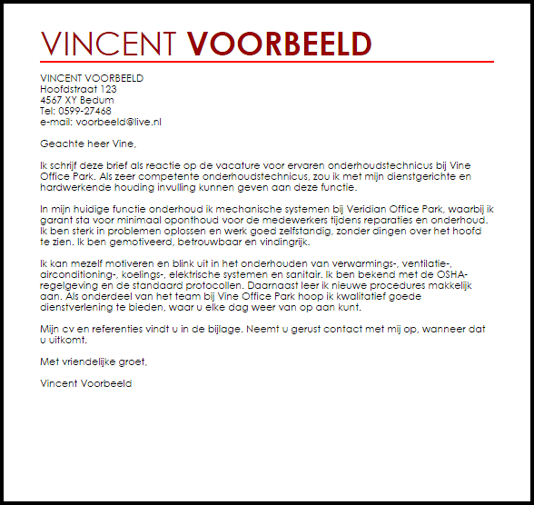 onderhoudstechnicus sollicitatiebrief