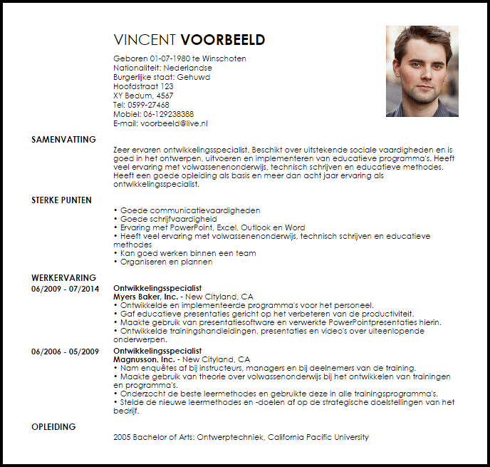 ontwikkelingsspecialist voorbeeld cv