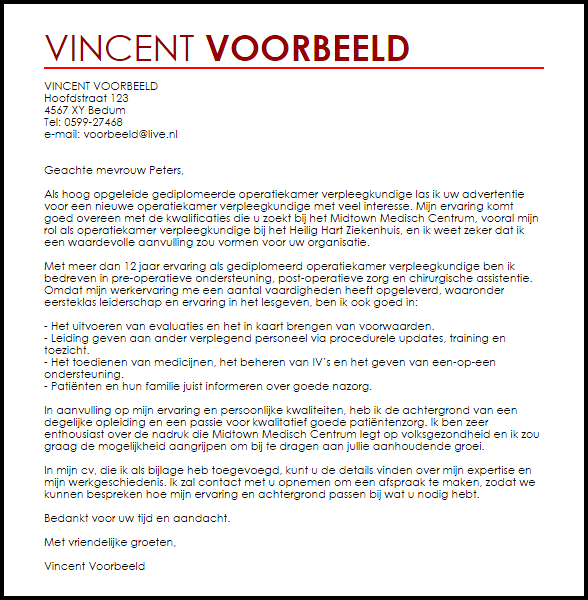 Voorbeeld Sollicitatiebrief Opgeleide Gediplomeerde Operatiekamer Verpleegkundige Livecareer