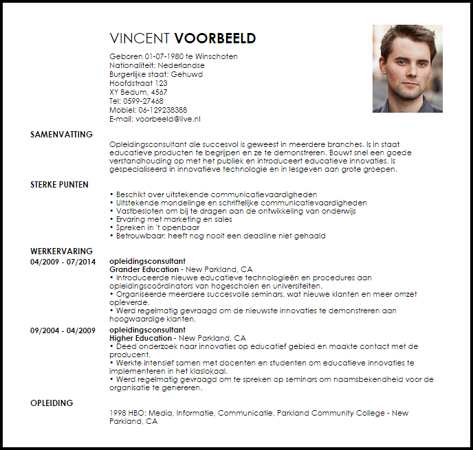 opleidingsconsultant voorbeeld cv