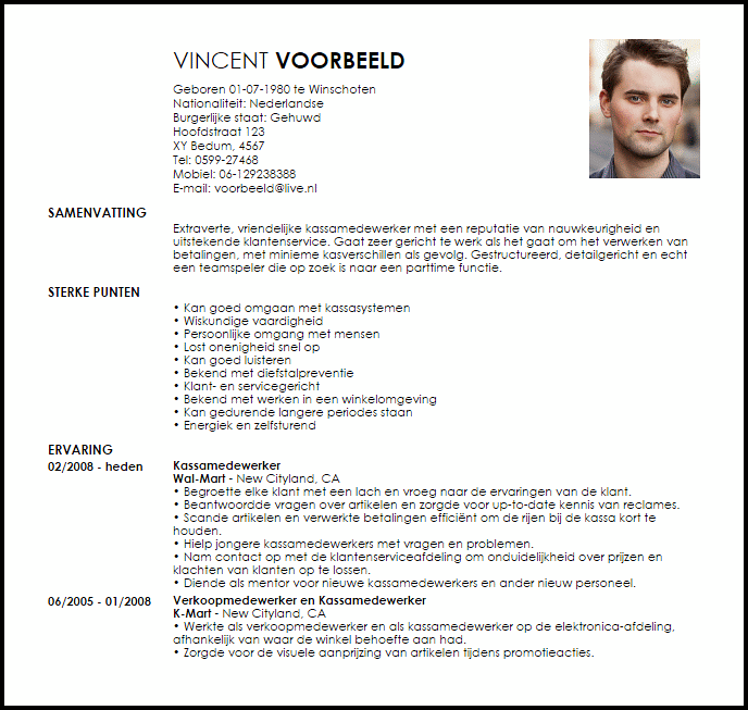 part time cashiers voorbeeld cv