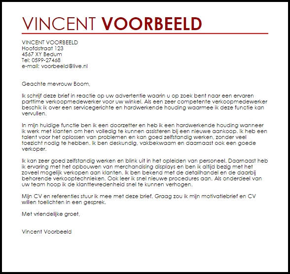 Voorbeeld Sollicitatiebrief Parttime Verkoopmedewerker Livecareer